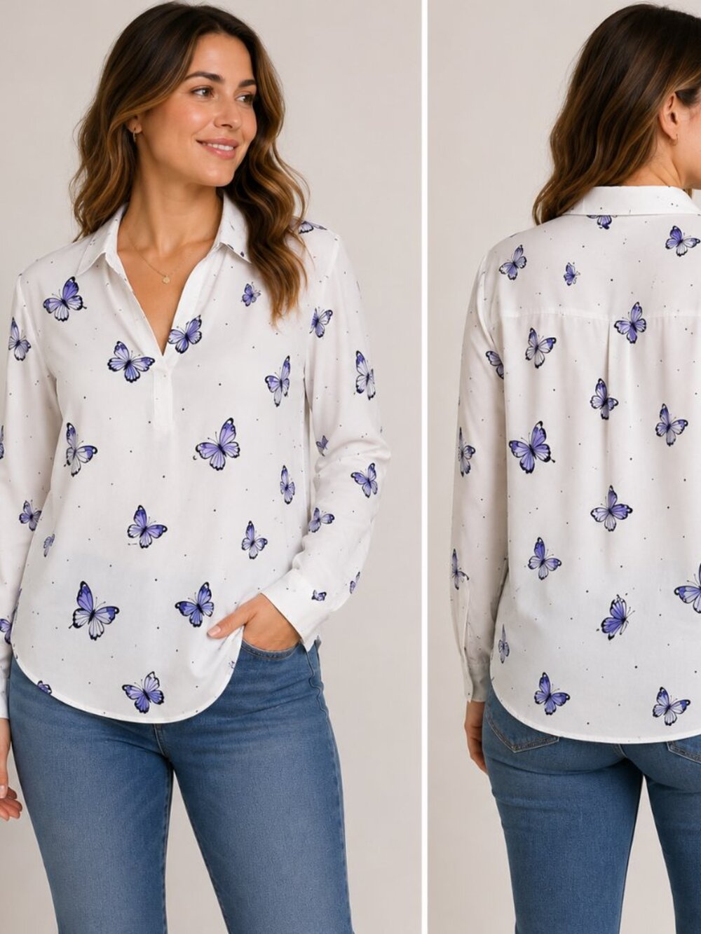 Women’s Butterfly Print Button Front Blouse Size L White Blue Purple Long Sleeve
